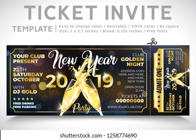 New Year 2019. Invitation Ticket. Ticket party, new year invite. gold champagne. elegant holiday party invitation. Flyers. 2019. invitation card. Eve 2019