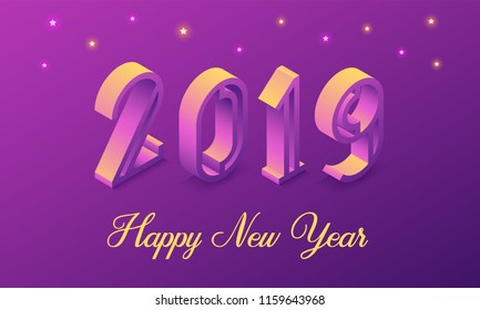 New Year 2019 in Isometric style. Vector isometric illustration of number 2019 in yellow-purple gradient with greeting inscription of Happy New Year. Holiday banner