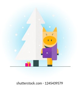 New Year 2019. Let's celebrate the year of Pig! Piglet in the scarf. Christmas tree, a gift and snow on the background.