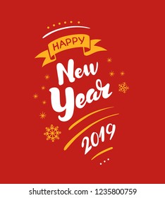 New year 2019 lettering designs.  Vector white and yellow illustrations for posters t-shirt or postcard on a red background. Calligraphic hand drawn font