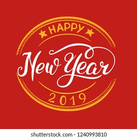 New year 2019 lettering designs. Vector white and yellow illustrations in a round shape for posters banners or card on a red background. Calligraphic hand drawn font