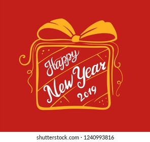 New year 2019 lettering designs. Vector white and yellow illustrations in a gift shape with bow and curls for posters banners or card on a red background. Calligraphic hand drawn font