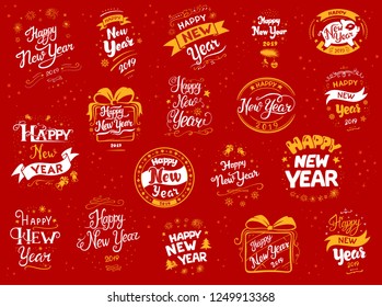 New Year 2019 lettering designs set. Vector white and yellow illustrations for posters t-shirt or postcard on a red background. Calligraphic hand drawn font