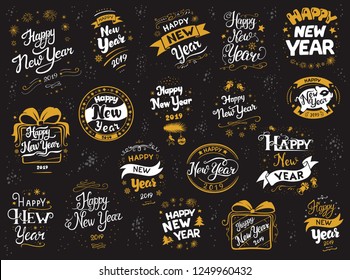 New Year 2019 lettering designs set. Vector white and yellow illustrations for posters t-shirt or postcard on a black background. Calligraphic hand drawn font