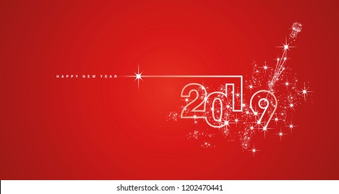 New Year 2019 line design firework champagne white red landscape vector greetings