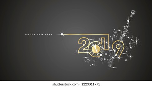 New Year 2019 line design gold clock sparkle firework champagne white black vector