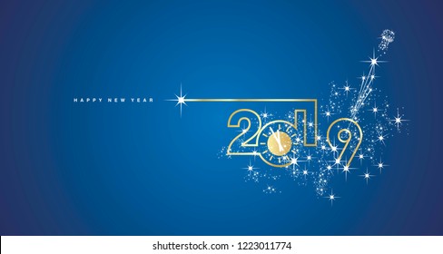 New Year 2019 line design gold clock sparkle firework champagne white blue vector