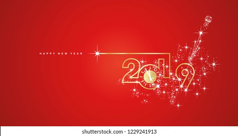 New Year 2019 line design gold clock sparkle firework champagne white red vector