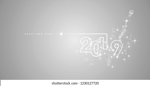 New Year 2019 line design firework champagne white silver grey vector