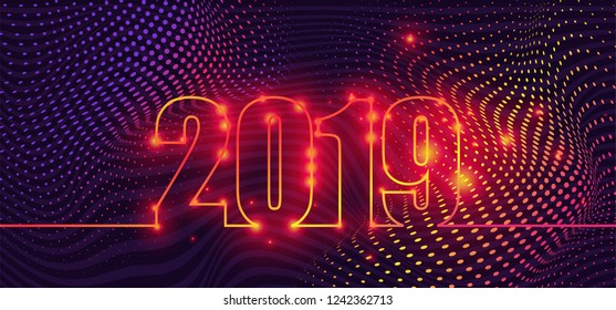 New Year 2019 line design Bright style for New Year card, calendar.
