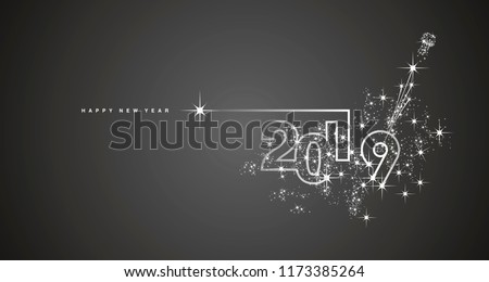 New Year 2019 line design firework champagne white black vector