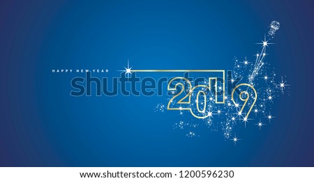 New Year 2019 line design spark firework champagne gold shining white blue vector