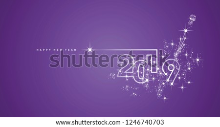 New Year 2019 line design firework champagne white purple vector greeting card