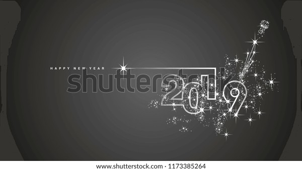 New Year 2019 line design firework champagne white black vector