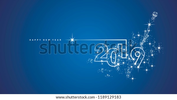 New Year 2019 line design firework champagne white blue vector