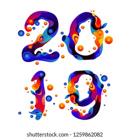 New Year 2019 liquid and fluid colorful sparks typography. New Year Design Template.