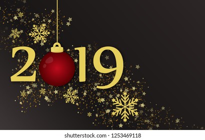 New Year 2019 and Merry Christmas holiday background concept. Happy New Year 2019 text design. Vector greeting illustration with golden numbers and snowflakes.