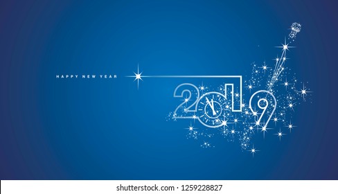 New Year 2019 midnight clock line design sparkle firework champagne white blue vector