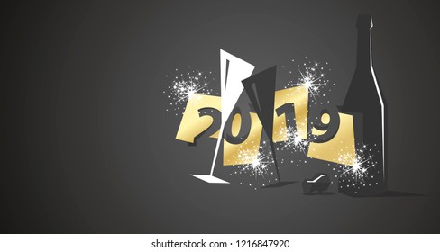 New Year 2019 negative space modern hipster design two glasses champagne bottle black background