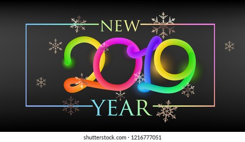 new year 2019 neon numbers with golden snowflakes. Vector illustration
