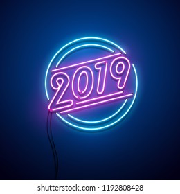 New year 2019 neon sign. Vector background. 