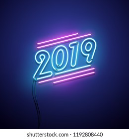 New year 2019 neon sign. Vector background. 