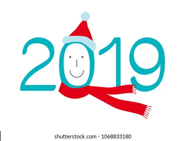 New year of 2019. Numbers. Figures. 2019. Santa Clause's hat and red scarf. Christmas.