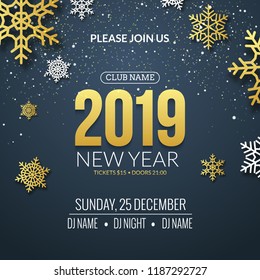 New Year 2019 party invitation poster design. Retro gold typography and ornament decoration illustration. Xmas holiday flyer or poster design template.