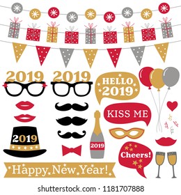 New Year 2019 photo booth props and decoration, vector set