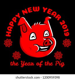 New Year 2019. Pig face 2019. New Year Logo. China calendar symbol on black background isolated. Stock Vector Illustration. Cartoon style.