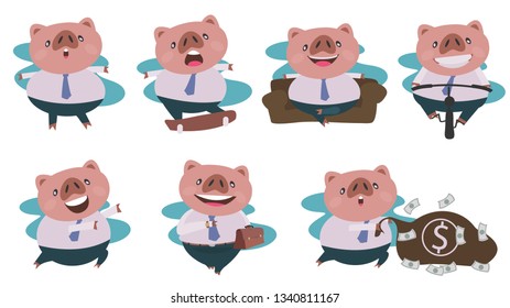 New Year 2019 year of Portrait Cute pig Big boss set business suit.Vector cartoon illustration isolated characters. 