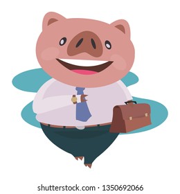 New Year 2019 year of Portrait Cute pig Big boss business suit.Vector cartoon illustration isolated characters. 