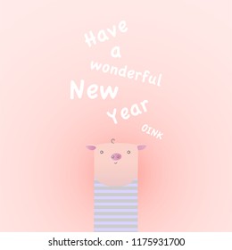 New Year 2019 postcard. Chinee year of the pig. Postcard with funny piglet family. Colorful vector illustration in flat style. Little baby piglet on a pastel background.