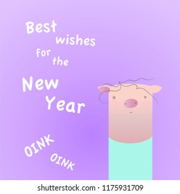 New Year 2019 postcard. Chinee year of the pig. Postcard with funny piglet family. Colorful vector illustration in flat style. Young piglet on a lavender background.