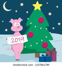 New Year 2019 postcard with a pig near a christmas tree and gifts