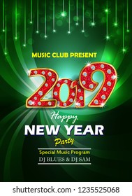 new year 2019 red glitter text on glowing diamond stone with green texture background