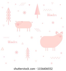 New Year 2019 seamless pattern with pink pigs for scrapbooking in scandinavian style