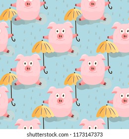 New Year 2019 seamless pattern with christmas cartoon flat pink pigs. Color hand drawn happy animals. Vector illustration.