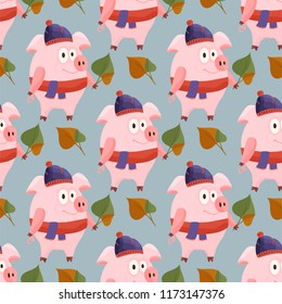 New Year 2019 seamless pattern with christmas cartoon flat pink pigs. Color hand drawn happy animals. Vector illustration.