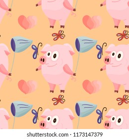 New Year 2019 seamless pattern with christmas cartoon flat pink pigs. Color hand drawn happy animals. Vector illustration.