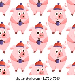New Year 2019 seamless pattern with christmas cartoon flat pink pigs. Color hand drawn happy animals. Vector illustration.