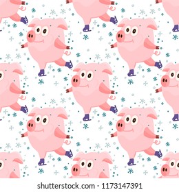 New Year 2019 seamless pattern with christmas cartoon flat pink pigs. Color hand drawn happy animals. Vector illustration.