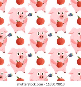New Year 2019 seamless pattern with christmas cartoon flat pink pigs. Color hand drawn happy animals. Vector illustration.