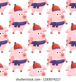 New Year 2019 seamless pattern with christmas cartoon flat pink pigs. Color hand drawn happy animals. Vector illustration.