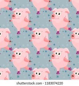 New Year 2019 seamless pattern with christmas cartoon flat pink pigs. Color hand drawn happy animals. Vector illustration.