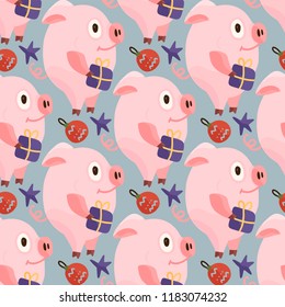 New Year 2019 seamless pattern with christmas cartoon flat pink pigs. Color hand drawn happy animals. Vector illustration.