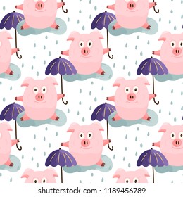 New Year 2019 seamless pattern with christmas cartoon flat pink pigs. Color hand drawn happy animals. Vector illustration.