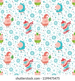 New Year 2019 seamless pattern with christmas cartoon flat pink pigs. Color hand drawn happy animals. Vector illustration.