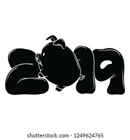 New Year 2019 sign with a round piggy, black and white