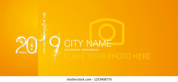 New Year 2019 silver firework countdown celebrations invitation yellow orange background